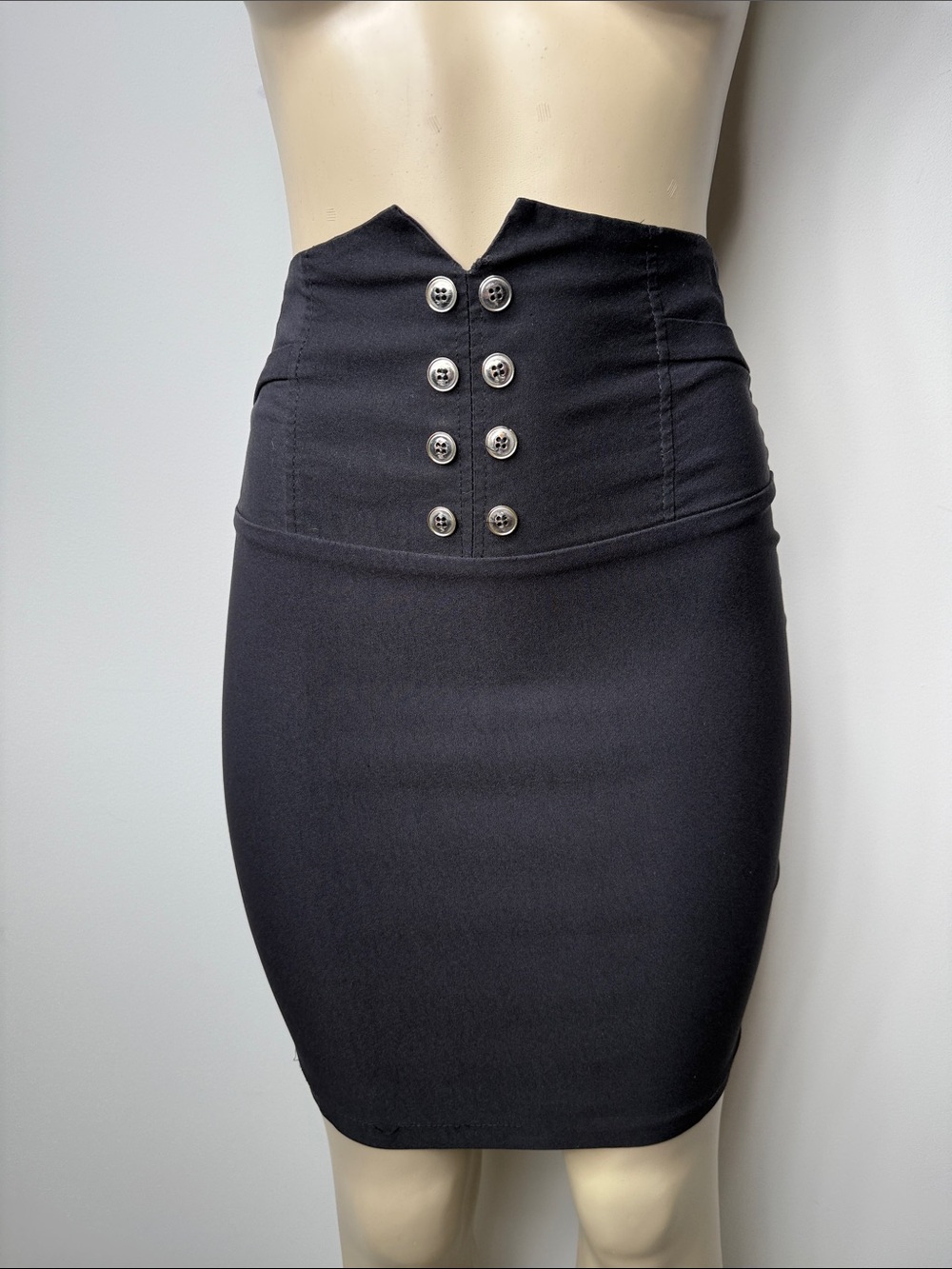 Valia Black High-Waist Pencil Skirt with Double-Row Buttons